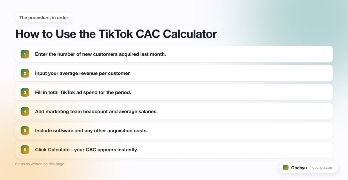 The numbered steps for TikTok Customer Acquisition Cost (CAC) Calculator, in the order this page gives them.