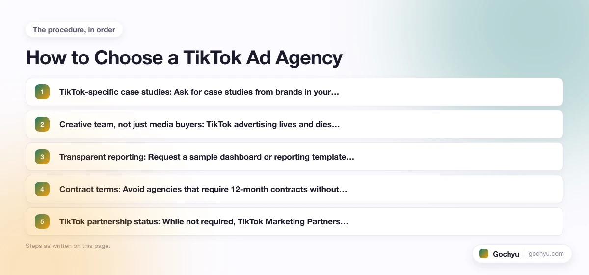 The numbered steps for Using a TikTok Ad Agency, in the order this page gives them.