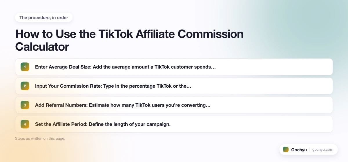 The numbered steps for TikTok Affiliate Commission Calculator, in the order this page gives them.