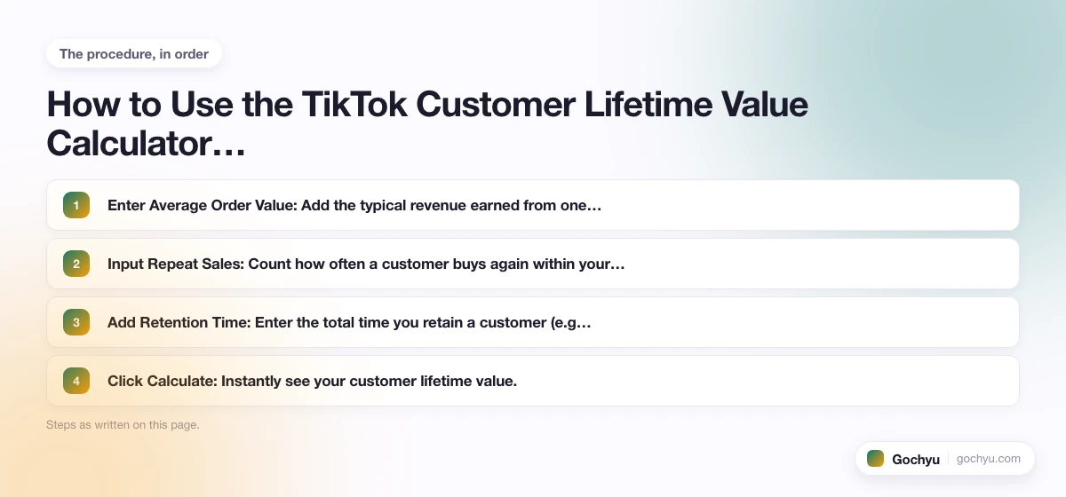 The numbered steps for TikTok Customer Lifetime Value Calculator, in the order this page gives them.