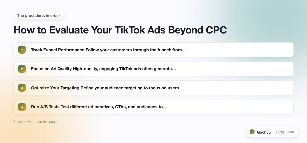 The numbered steps for What Is a Good CPC for TikTok Ads-and Does It Even…, in the order this page gives them.
